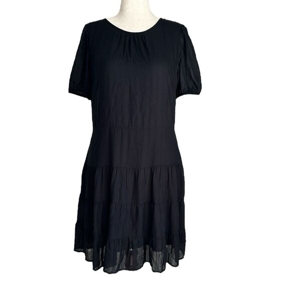 NWT LOFT Women’s Puff Sleeve Fit & Flare Mini Dress with Tiered Skirt Black  12 - Picture 3 of 14